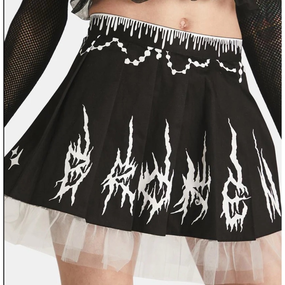 Dolls Kill x Broken Brainz Goth Alt Pleated Tulle Skirt Grunge Womens 1X Black